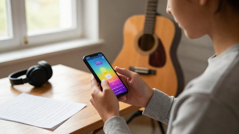 Joven músico concentrado con un smartphone en un estudio doméstico iluminado por el sol.