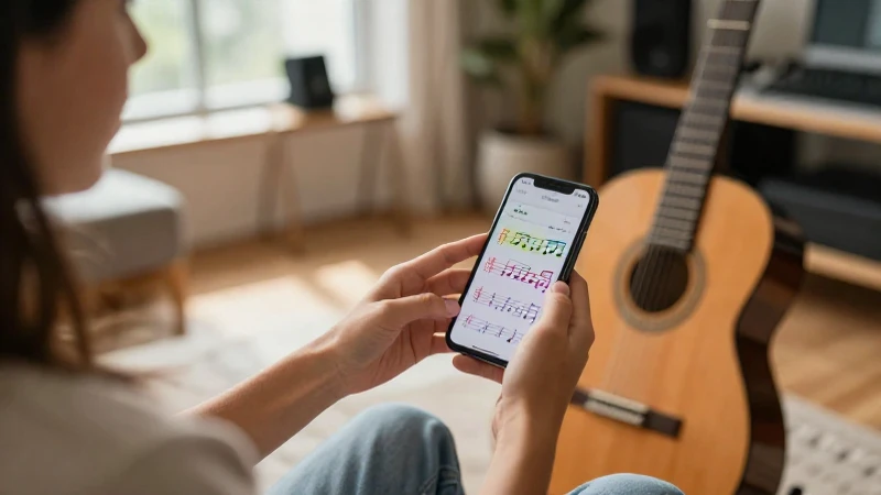 Estudiante de música usando una aplicación de partituras en un smartphone junto a una guitarra.
