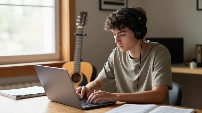 Estudiante concentrado trabajando con un portátil en un estudio musical iluminado por el sol.
