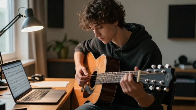Estudiante concentrado practicando la guitarra acústica en un estudio de música acogedor con luz natural.