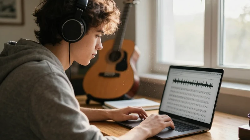 Estudiante concentrada trabajando con partituras digitales en un estudio musical iluminado por el sol.