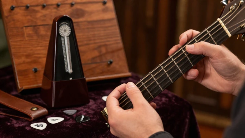 Manos expertas tocando una guitarra acústica con un metrónomo y accesorios musicales al fondo.