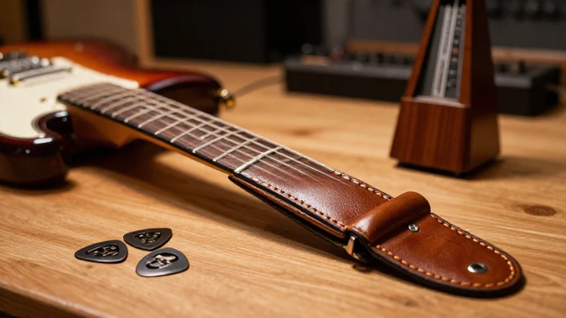 Guitarra eléctrica profesional con correa de cuero sobre un escritorio de madera junto a púas.