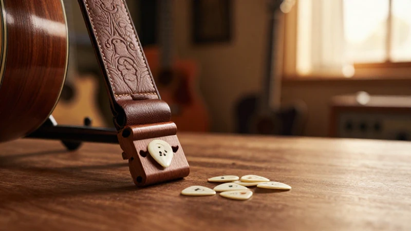 Guitarra acústica sobre un soporte de caoba con una correa de cuero y púas cercanas.