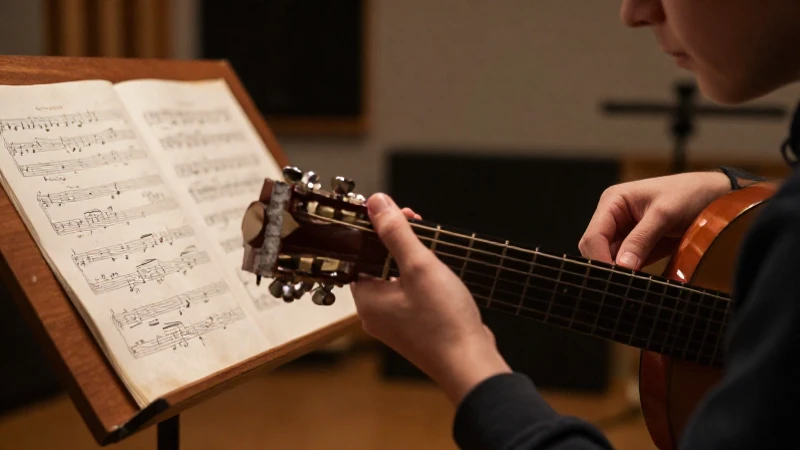 Manos de un estudiante tocando patrones complejos en el mástil de una guitarra acústica.