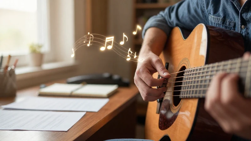 Manos de un estudiante practicando escalas musicales sobre el mástil de una guitarra acústica.