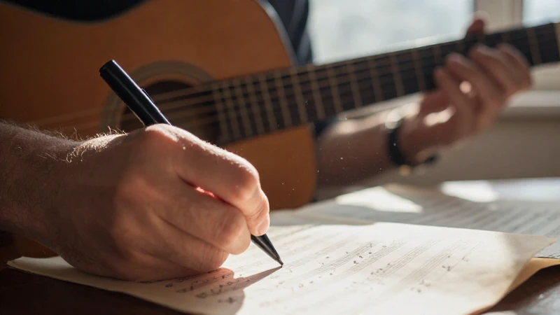 Manos de un músico escribiendo partituras junto a una guitarra acústica de madera.