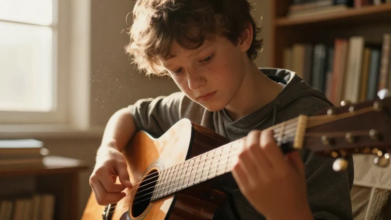 Estudiante concentrado tocando una guitarra acústica en una habitación iluminada por la luz del atardecer.
