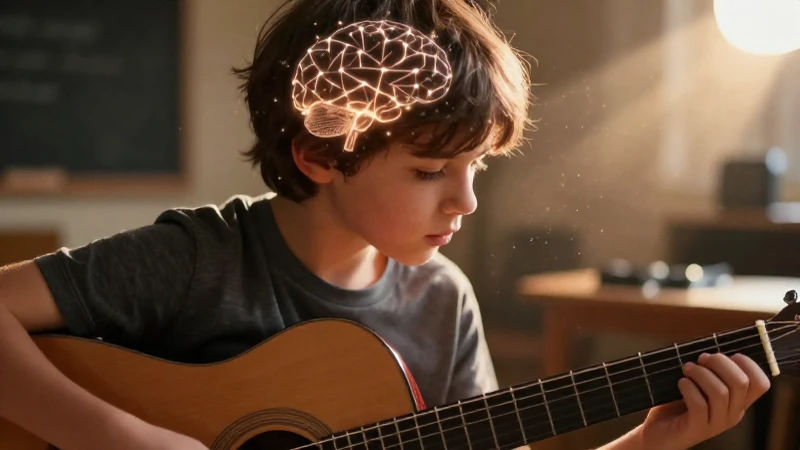 Primer plano de un estudiante concentrado tocando la guitarra con patrones de redes neuronales sobre su perfil.