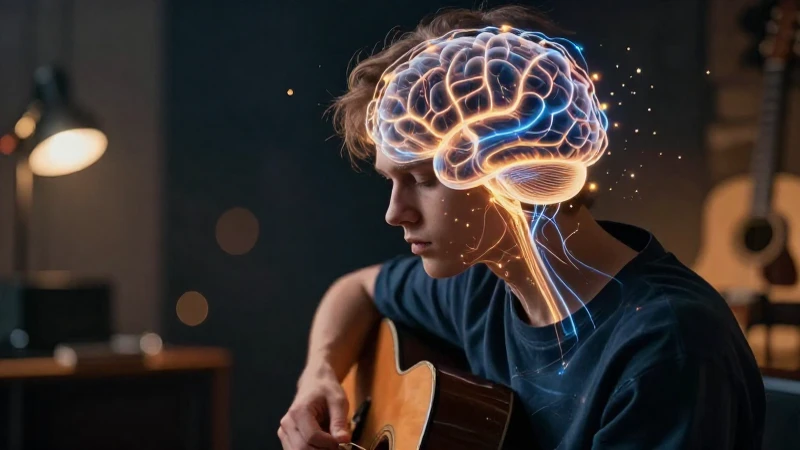 Perfil de un músico tocando la guitarra con una red de conexiones neuronales brillantes sobre su cabeza.