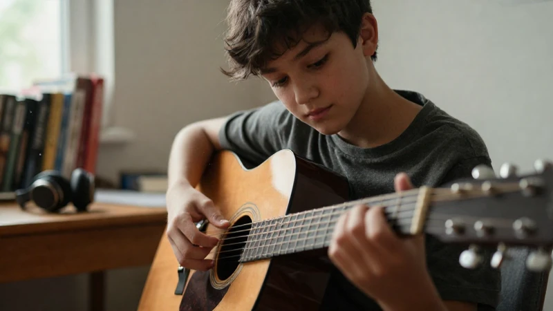 Estudiante concentrado tocando una guitarra acústica en un escritorio de madera iluminado por el sol.