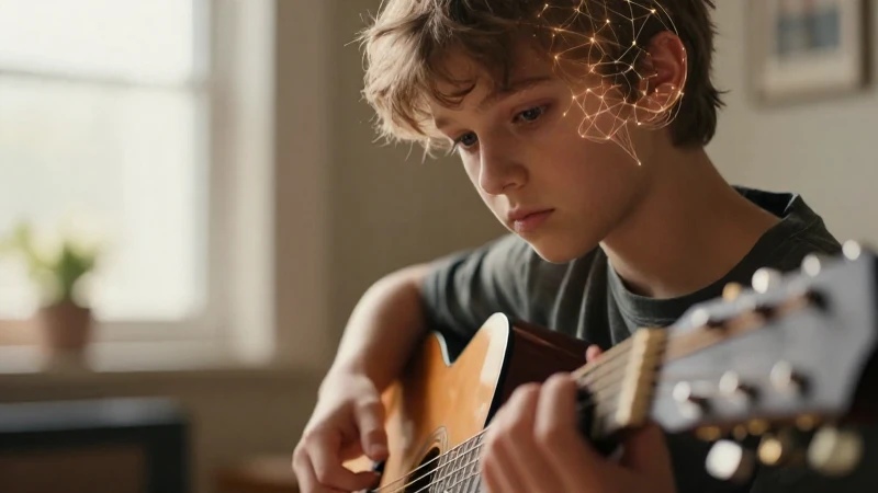 Estudiante concentrado tocando una guitarra acústica con sutiles patrones de redes neuronales sobre su perfil.