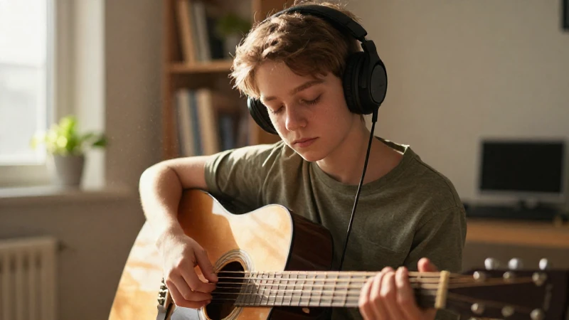 Estudiante concentrado con auriculares y una guitarra acústica en un estudio acogedor iluminado por el sol.