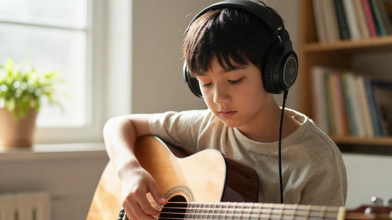 Estudiante concentrada con auriculares frente a una guitarra acústica en un estudio iluminado por el sol.