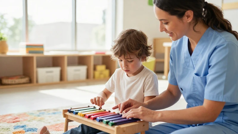 Musicoterapeuta guiando con ternura las manos de un niño que toca un xilófono en un aula luminosa.
