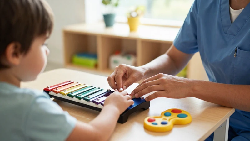 Terapeuta musical guía las manos de un niño con necesidades especiales sobre un xilófono colorido.