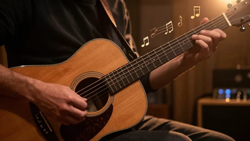 Manos de un guitarrista tocando una guitarra acústica bajo una cálida iluminación de estudio.