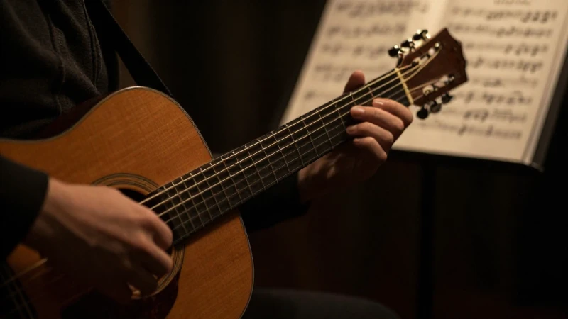 Manos de un músico tocando con precisión las cuerdas de una guitarra acústica de madera oscura.