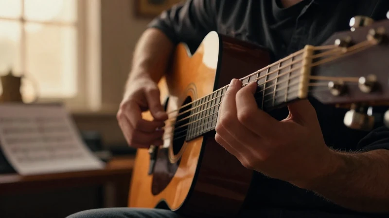 Manos de un músico tocando las cuerdas de una guitarra acústica en un estudio iluminado.