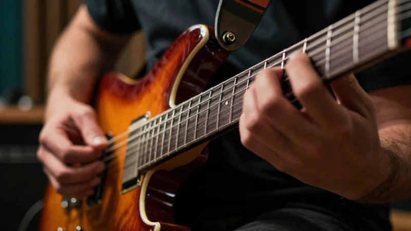 Primer plano de las manos de un guitarrista ejecutando una técnica rápida sobre las cuerdas.