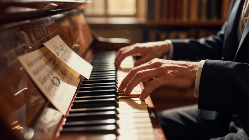 Manos de un compositor tocando un piano de caoba junto a manuscritos musicales bajo la luz del atardecer.