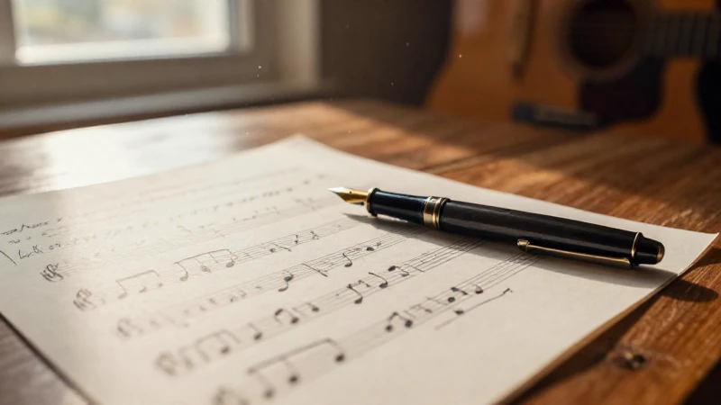 Partitura musical manuscrita con una pluma estilográfica sobre un escritorio de madera iluminado por el sol.