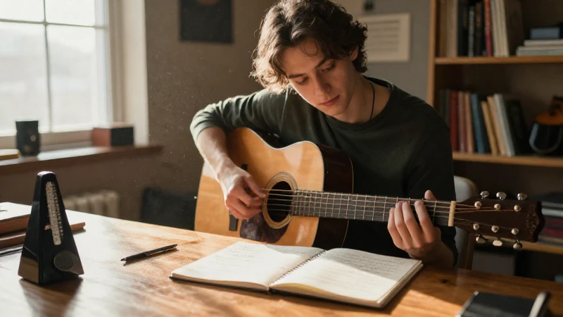Músico joven sentado frente a una guitarra y un cuaderno de partituras en un estudio iluminado.