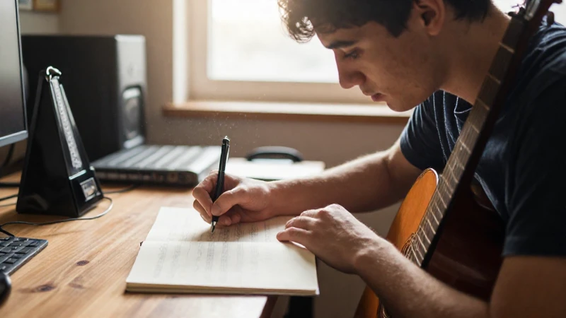 Músico concentrado escribiendo partituras en un cuaderno sobre un escritorio de madera iluminado por el sol.