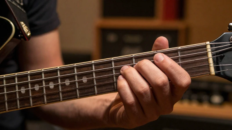 Primer plano de la mano izquierda de un guitarrista presionando las cuerdas sobre el mástil.