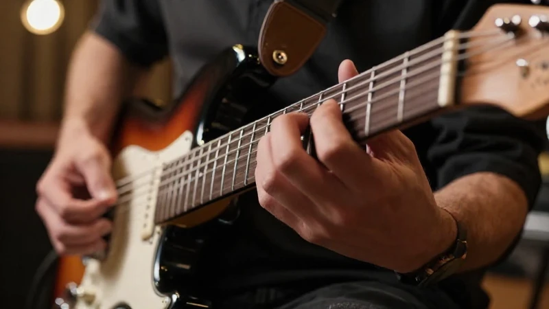 Primer plano de las manos de un guitarrista ejecutando notas rápidas sobre el mástil de una guitarra eléctrica.