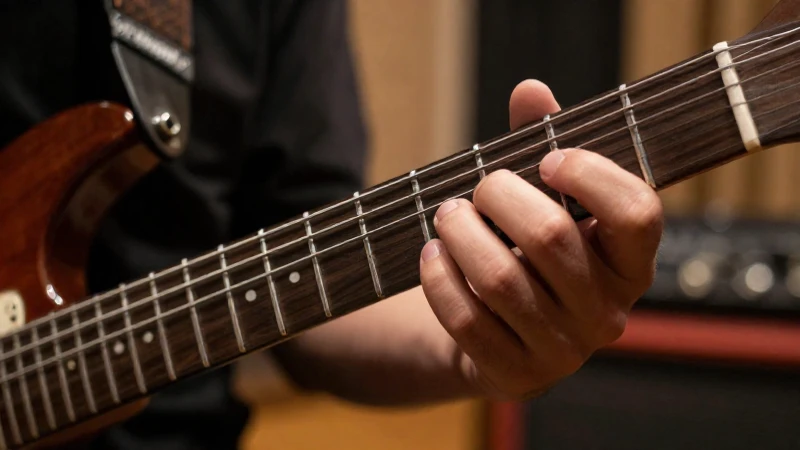 Primer plano de la mano izquierda de un guitarrista presionando las cuerdas sobre el mástil.