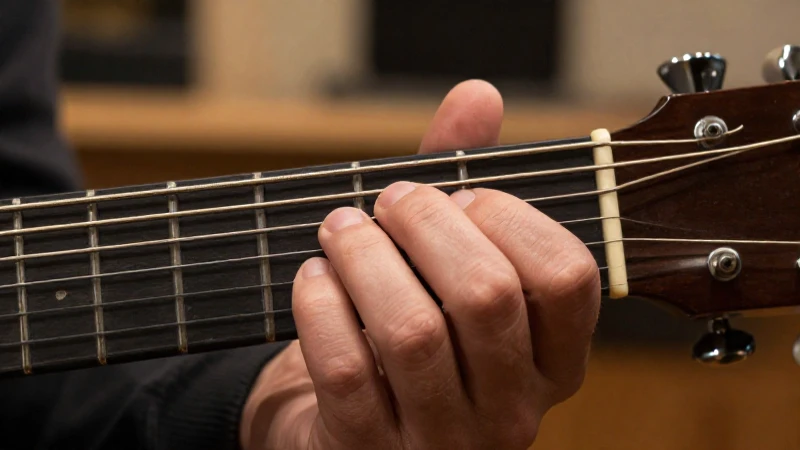 Primer plano de la mano izquierda de un guitarrista presionando las cuerdas de una guitarra acústica.