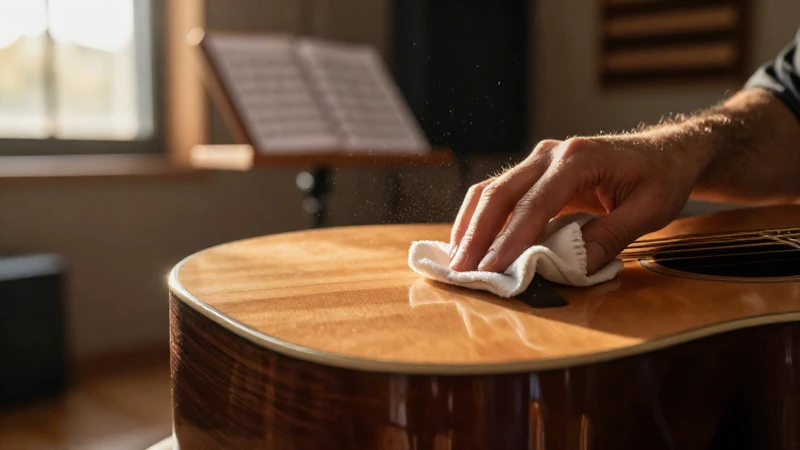 Manos de un músico limpiando cuidadosamente la madera de una guitarra acústica con un paño.