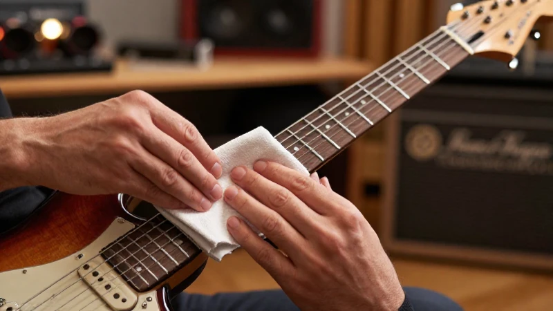 Manos de un guitarrista limpiando con cuidado el mástil y las cuerdas de una guitarra eléctrica.