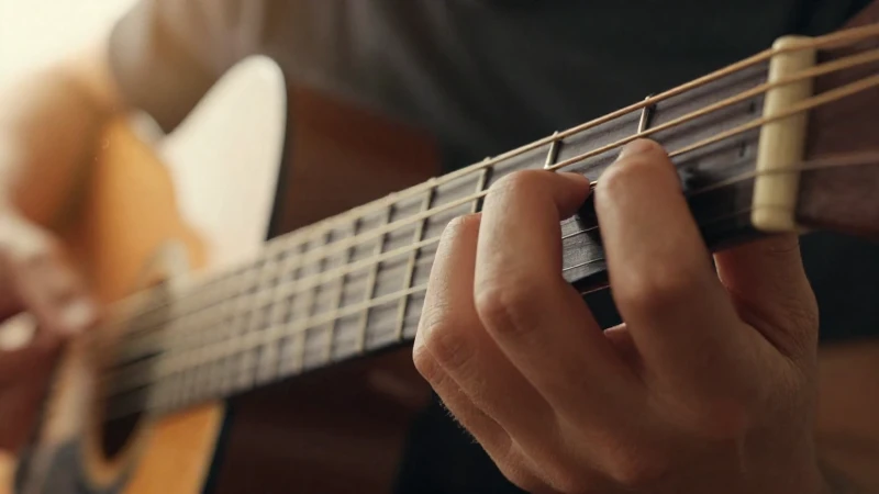Primer plano de los dedos de un guitarrista pulsando las cuerdas de una guitarra acústica.