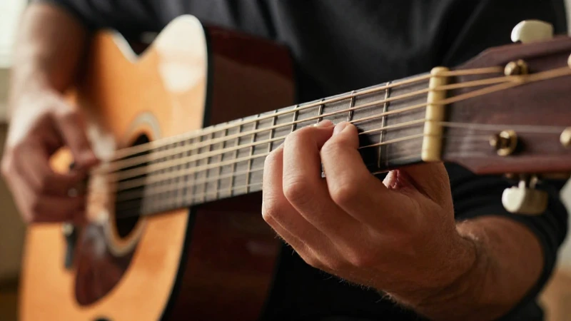 Manos de un músico ejecutando una técnica de fingerstyle sobre las cuerdas de una guitarra acústica.