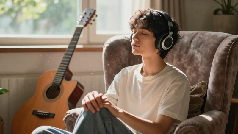 Persona joven con auriculares y ojos cerrados relajándose en una sala iluminada por el sol.