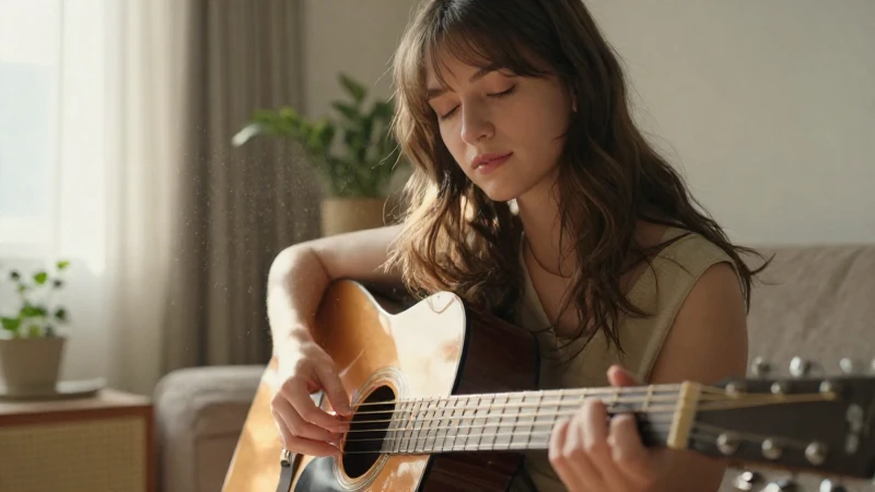 Mujer joven con expresión serena tocando una guitarra acústica en una sala iluminada por el sol.