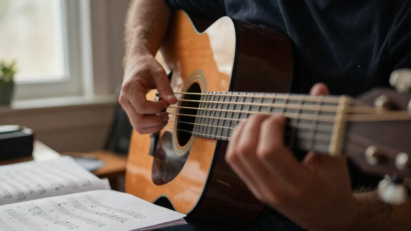 Manos de un guitarrista ejecutando acordos complejos sobre el mástil de una guitarra acústica.