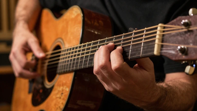 Manos de un músico ejecutando acordes complejos de jazz sobre el mástil de una guitarra acústica.