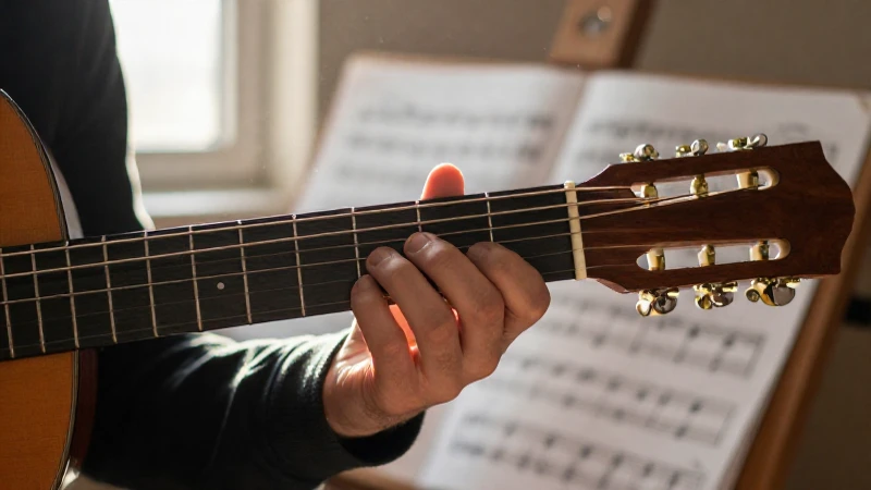 Manos de un músico ejecutando acordes complejos en el diapasón de una guitarra acústica.