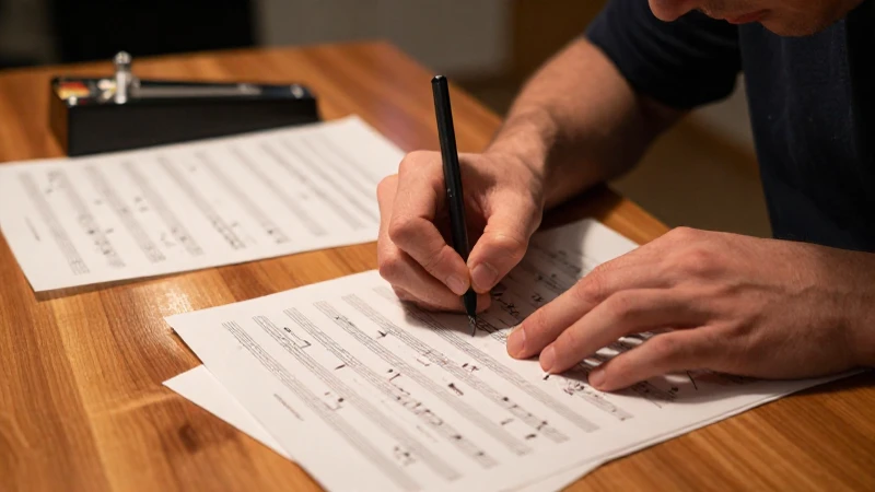 Manos de un estudiante practicando ritmos sobre una partitura compleja en un escritorio de madera.