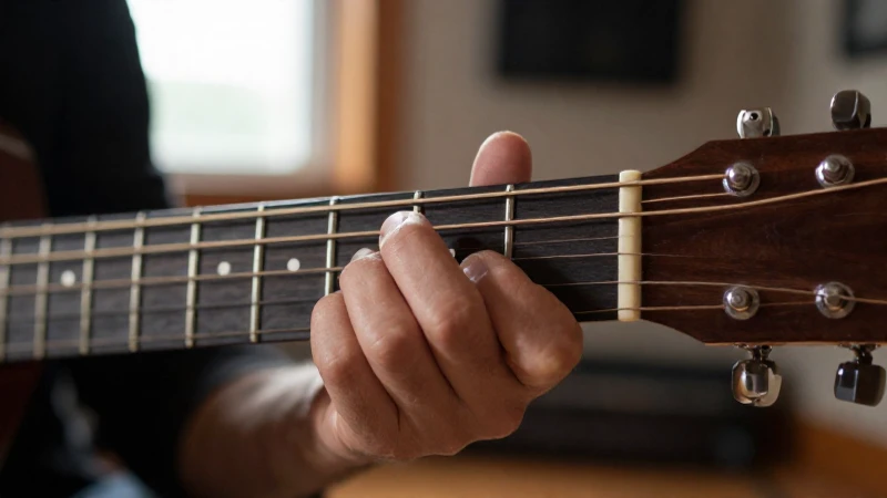 Mano de un guitarrista presionando con precisión un acorde en el mástil de una guitarra acústica.