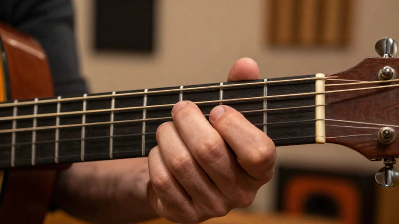 Primer plano de la mano de un guitarrista ejecutando un acorde de cejilla en una guitarra acústica.