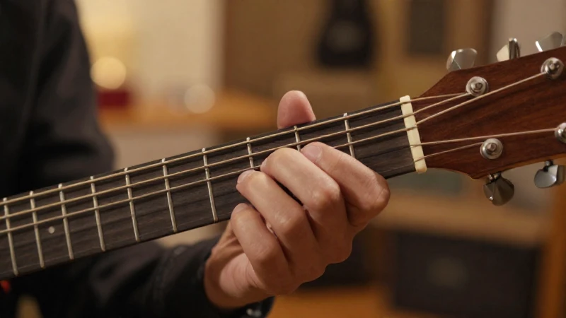 Primer plano de la mano de un guitarrista ejecutando un acorde de cejilla en una guitarra acústica.