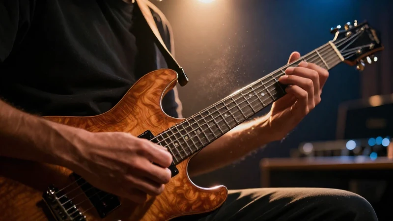Manos de un guitarrista profesional tocando con precisión sobre el mástil de una guitarra eléctrica.