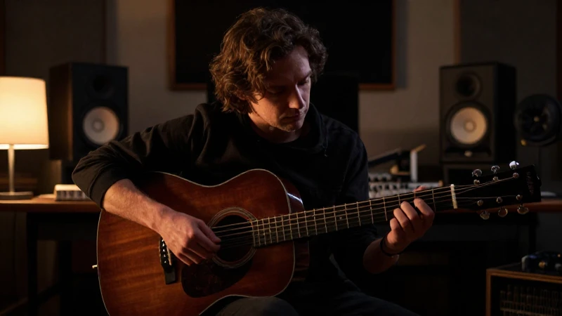 Músico con expresión contemplativa tocando una guitarra acústica en un estudio moderno tenuemente iluminado.